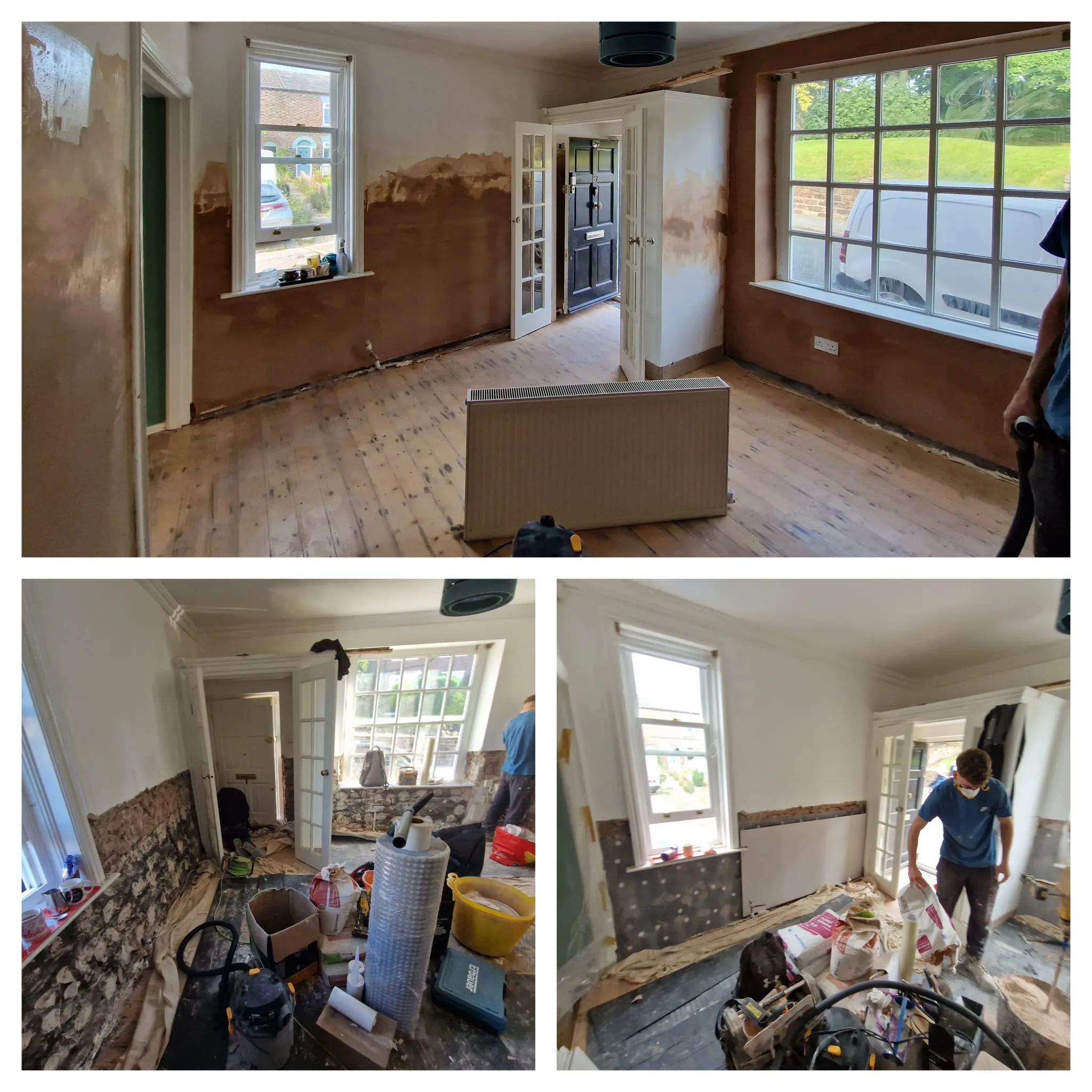 A collage of photos of a house being remodeled.